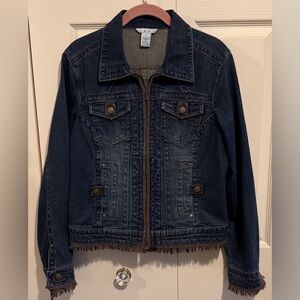 SUPER CUTE CAbi indigo denim jacket with tweed trim. Size M